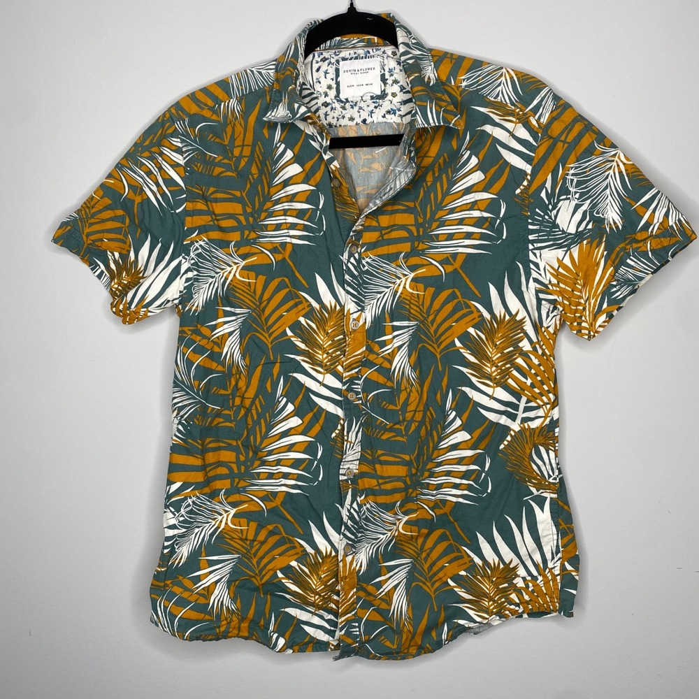 DENIM & FLOWER RICKY SINGH Men's Tropical Print Short Sleeve Button Up Shirt‎ M